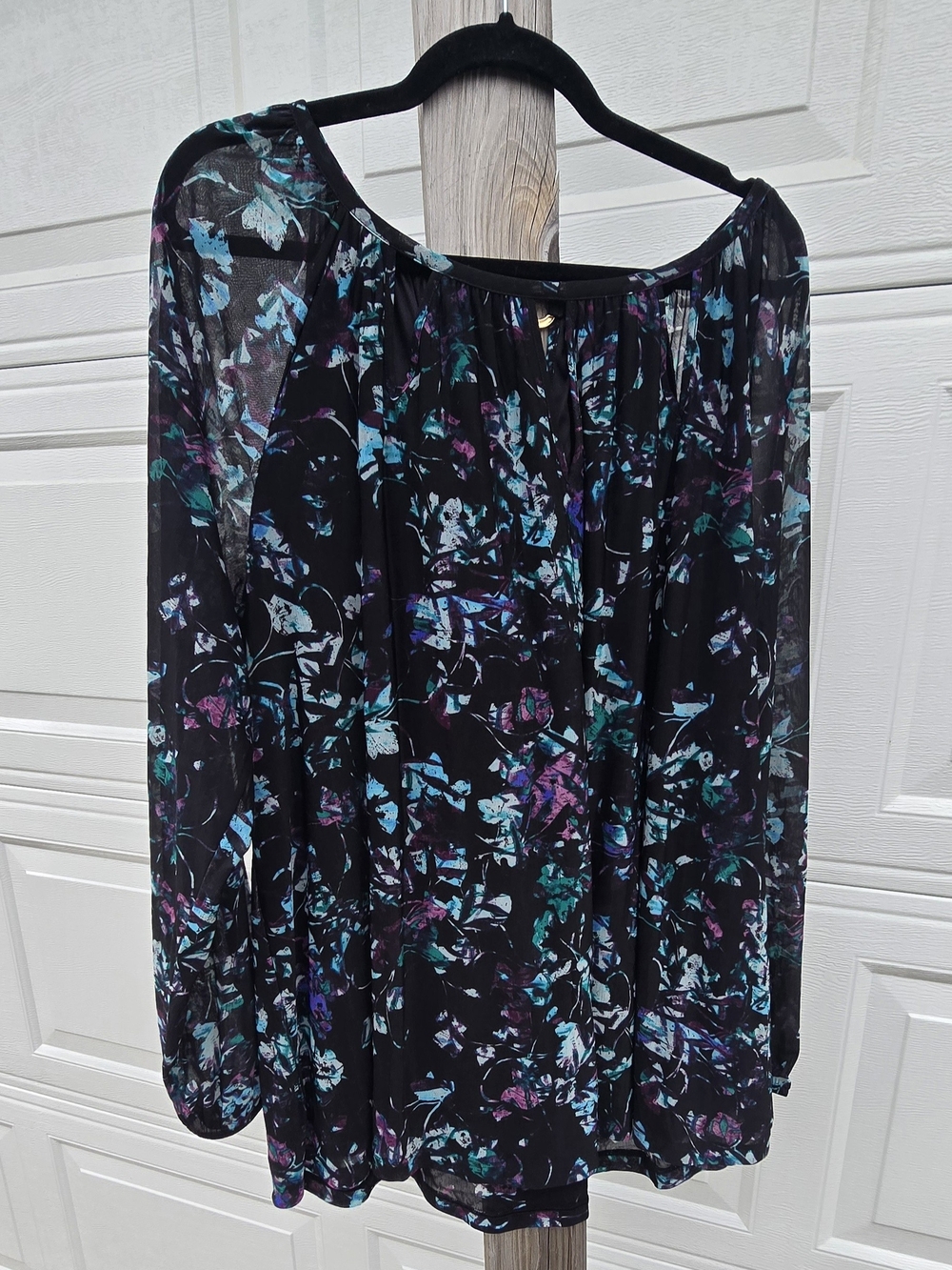 Jennifer Lopez Black Floral Print Sheer Sleeves with Teal and Purple Accents